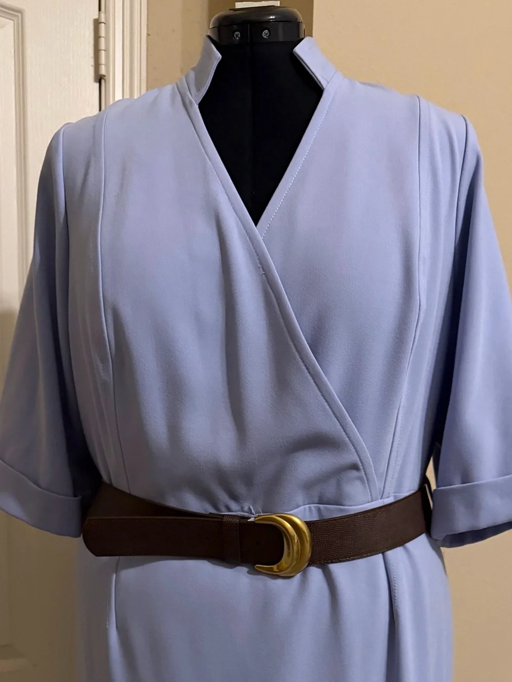 Donna Karan Light Blue Dress with Brown Belt and Gold Buckle